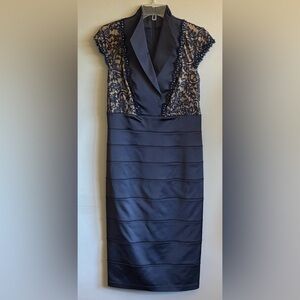 Tadashi Shoji Navy Sequin Lace Sheath Dress Size 10.